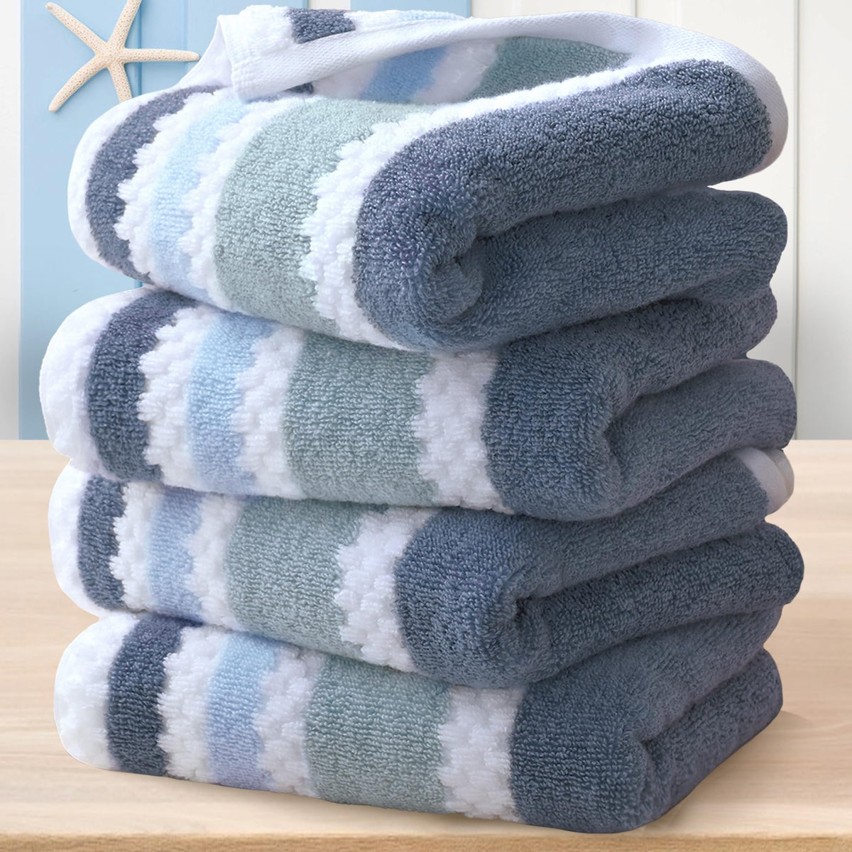 VOOVA & MOVAS waffle towels flatlay in blue gray stripe for stylish bathroom decor