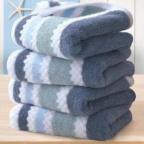 VOOVA & MOVAS waffle towels flatlay in blue gray stripe for stylish bathroom decor