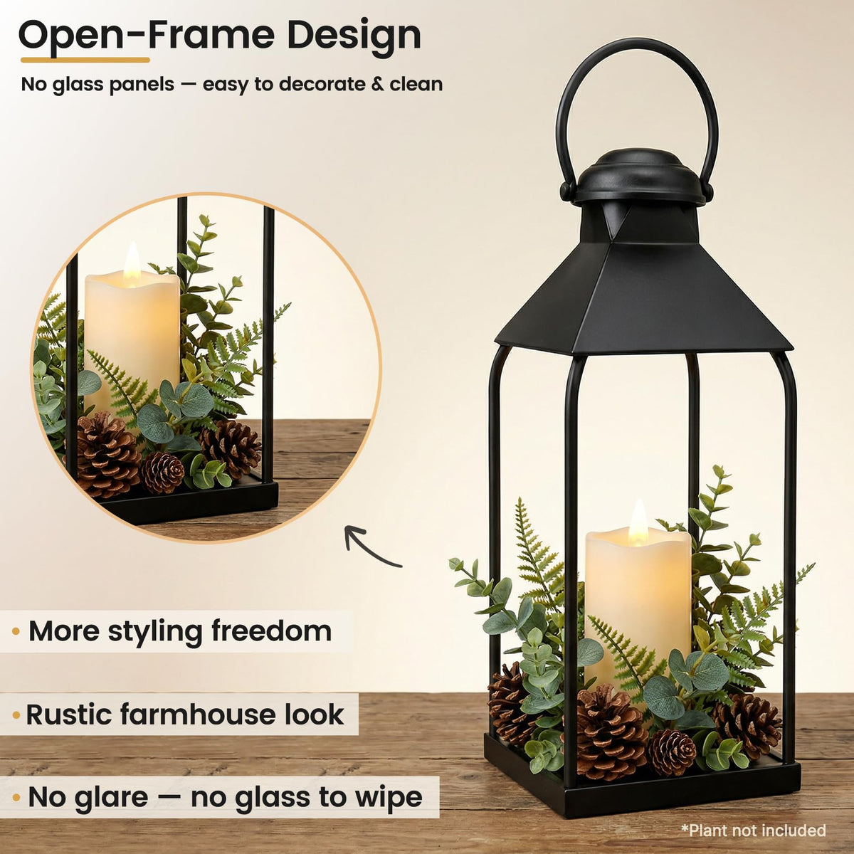 Vorplick large lantern elevates floor display with vertical presence and dramatic silhouettes.