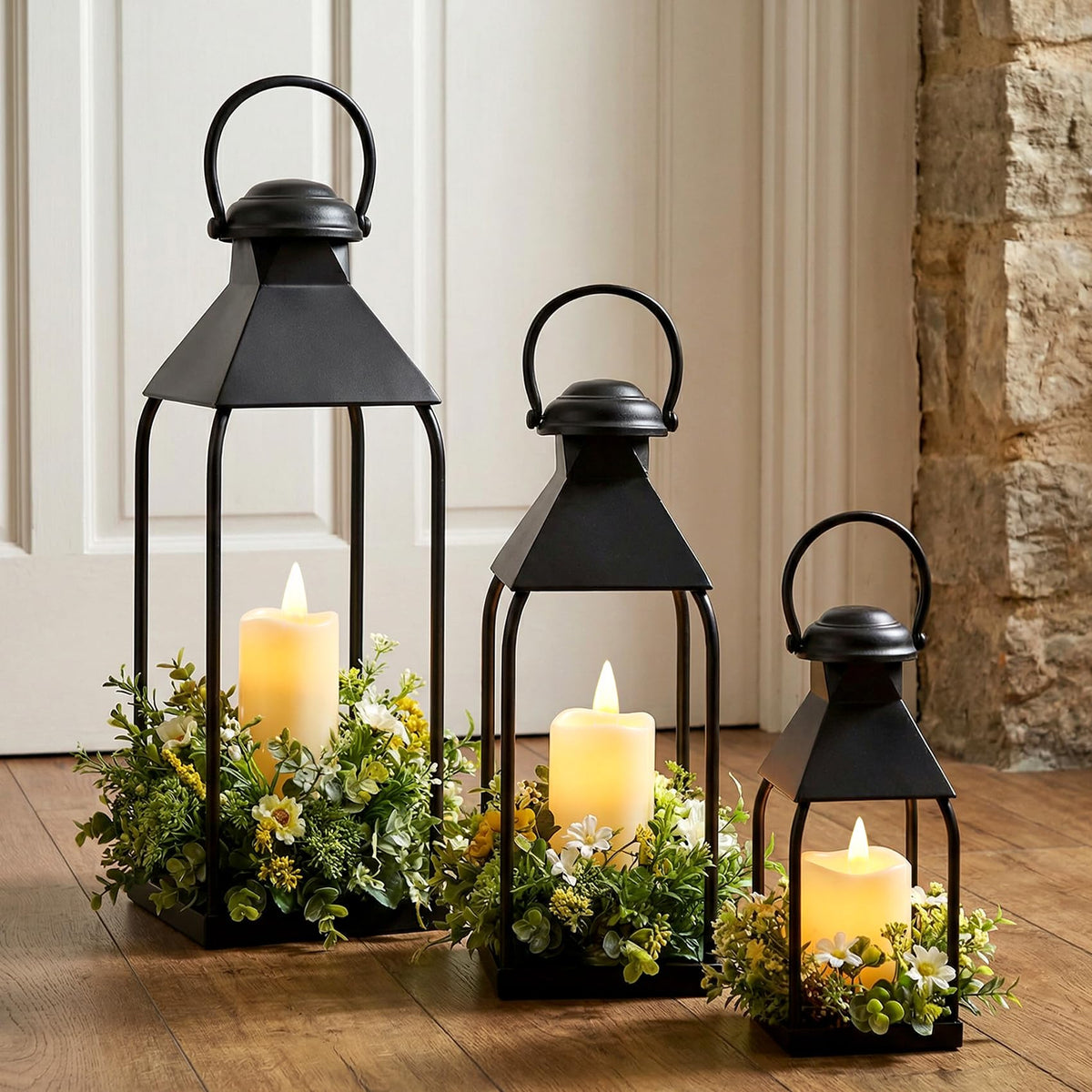 Vorplick decorative metal lanterns on porch setup highlight entryway in warm, welcoming style.