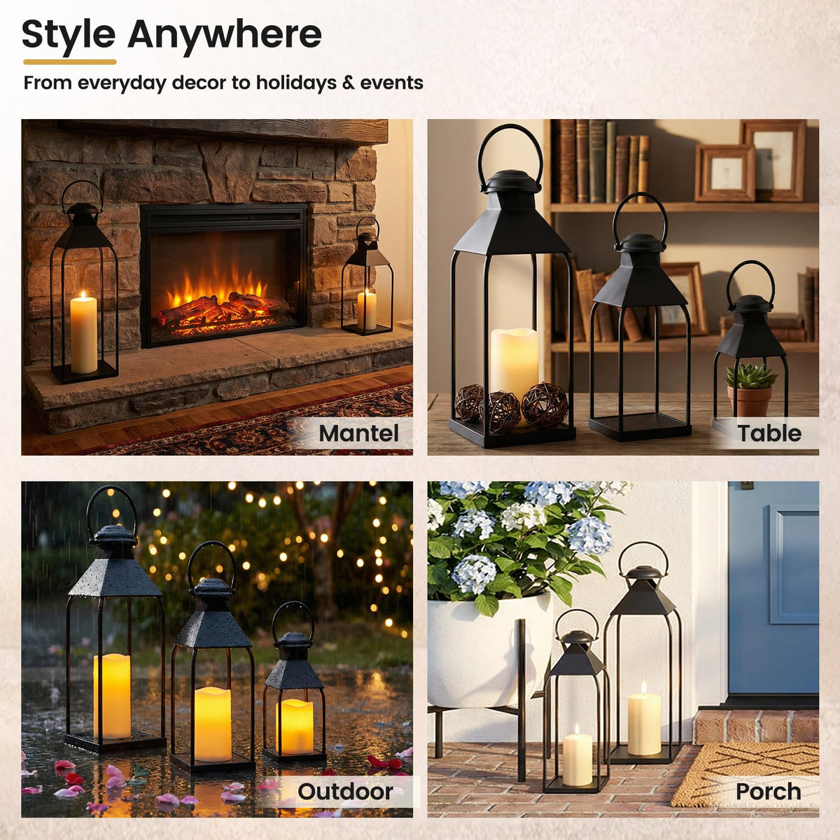 Vorplick seasonal display lanterns pair with fairy lights for festive ambiance.