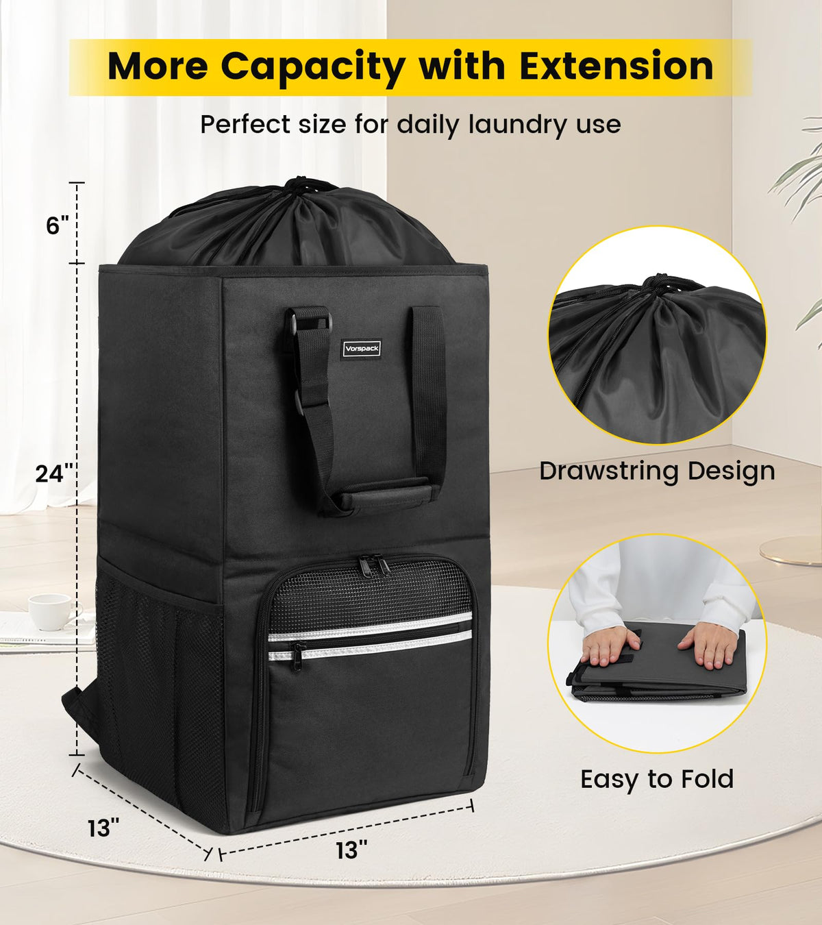 Vorspack laundry bag backpack side view highlighting upright base for steady travel