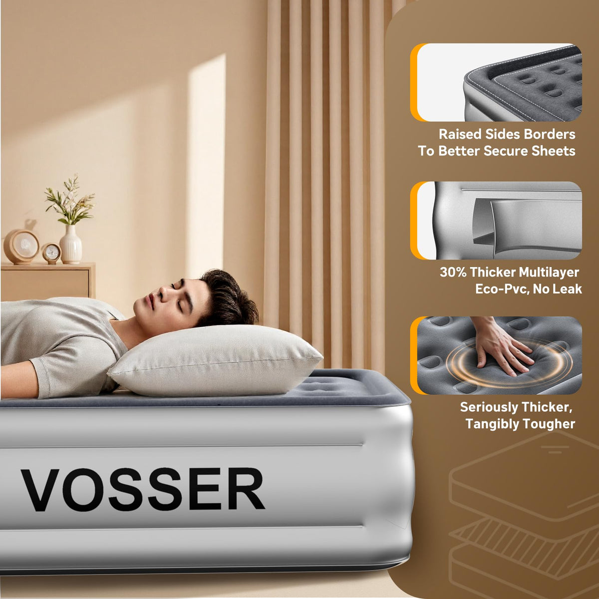 VOSSER mattress inflates in two minutes for effortless preparation.