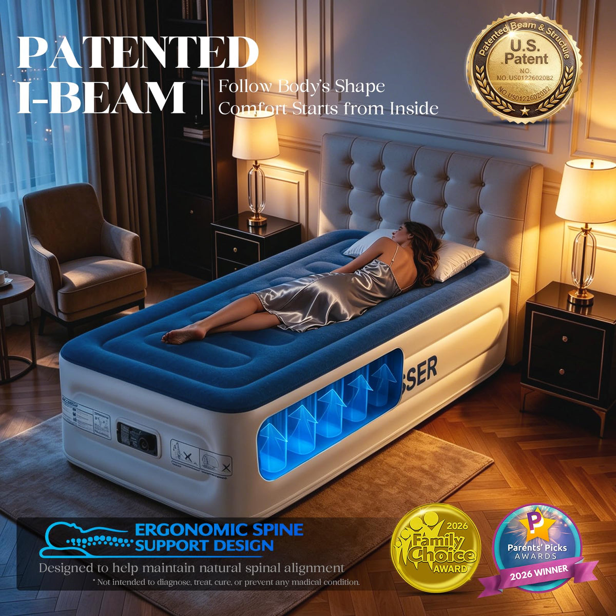 Built-in electric pump inflates quickly and deflates to the chosen firmness.