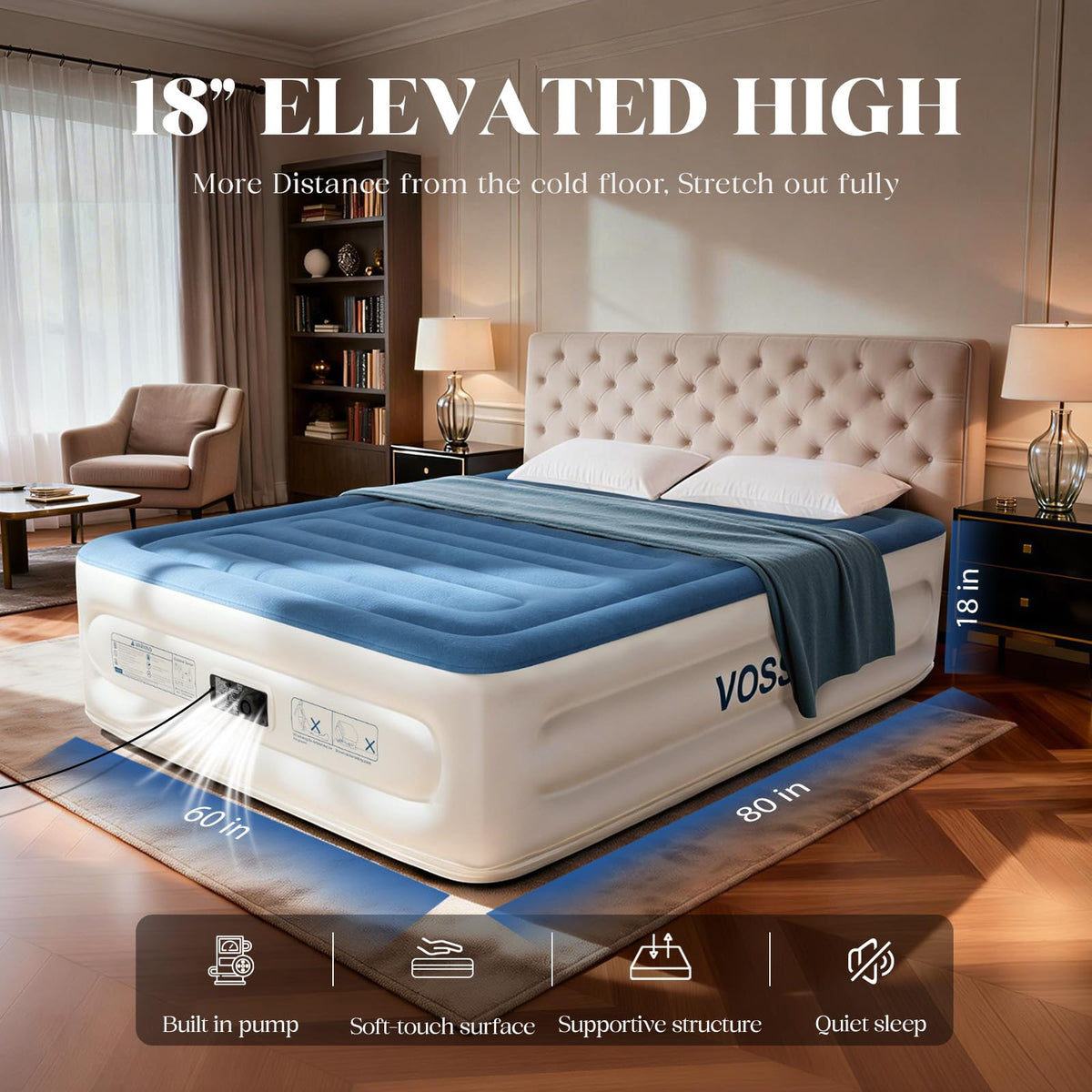 Vosser queen mattress in 18-inch raised design for easy entry