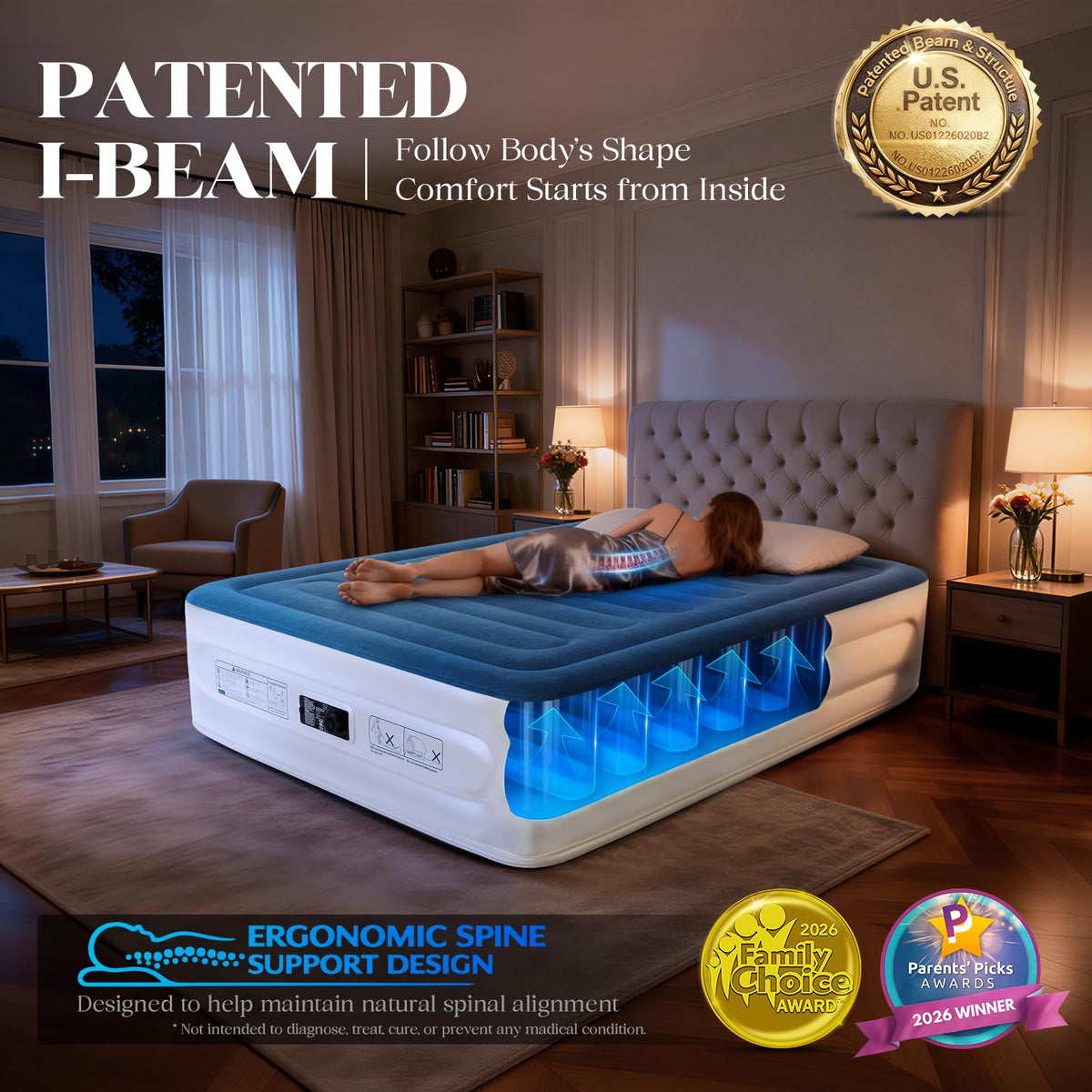 Vosser air mattress with I-Beam construction maintains a stable sleeping surface