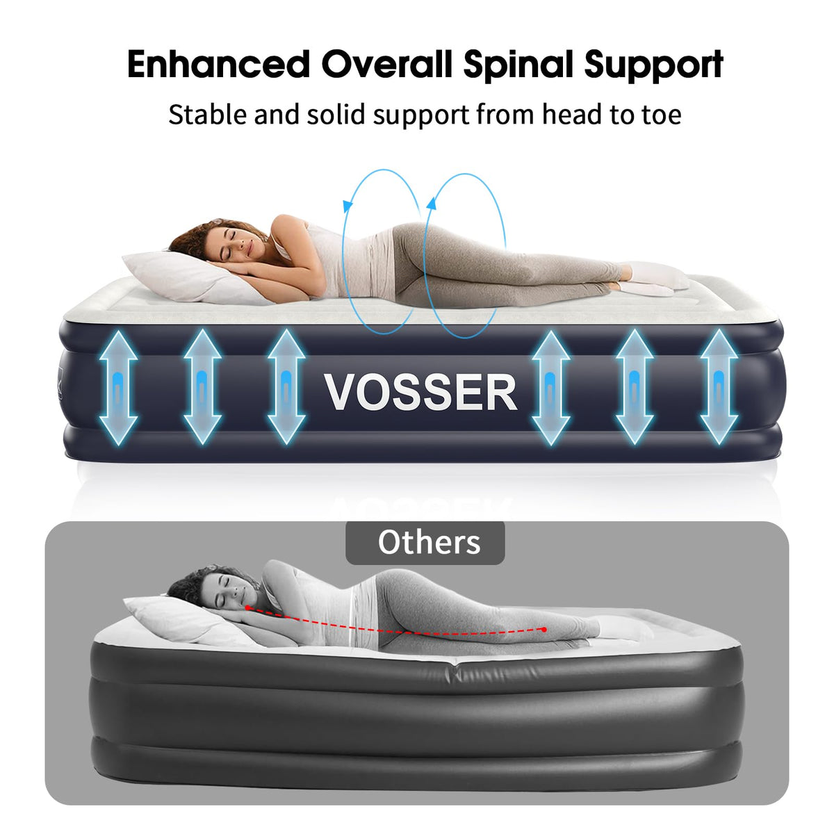 VOSSER Twin XL air mattress 18-inch height provides raised sleeping surface.