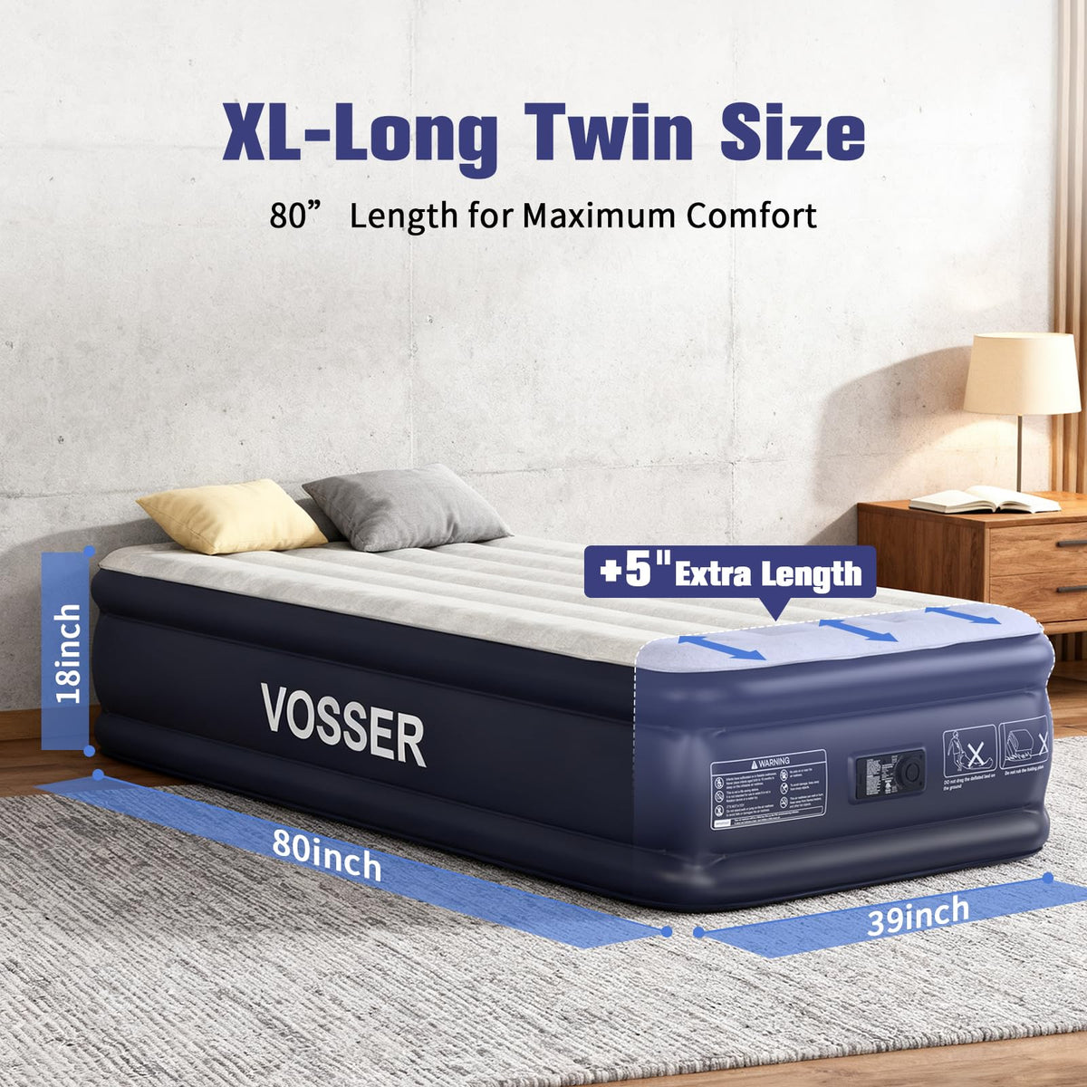 VOSSER Twin XL air mattress 80-inch length supports tall sleepers.