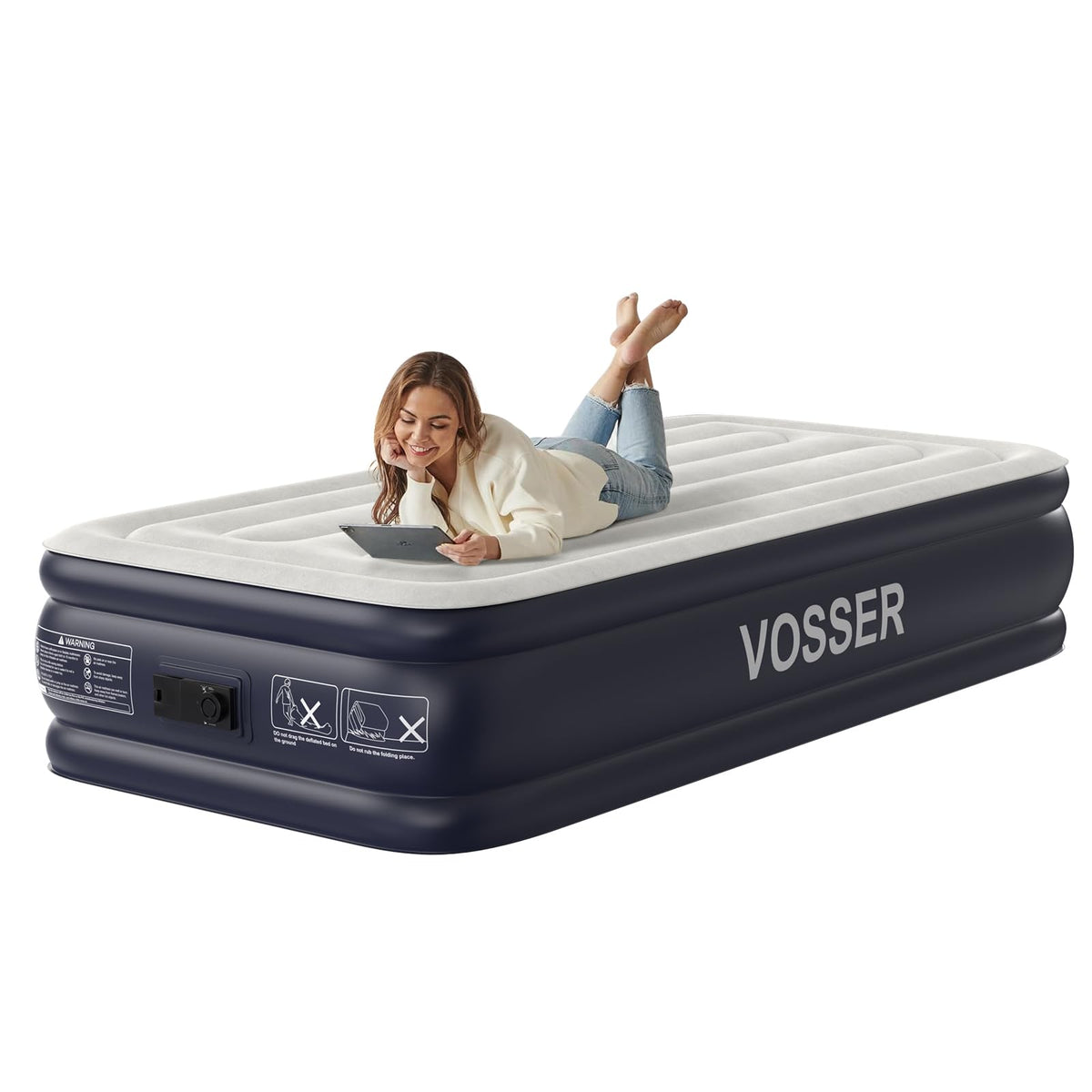 VOSSER Twin XL air mattress with built-in pump inflates quickly for guests.