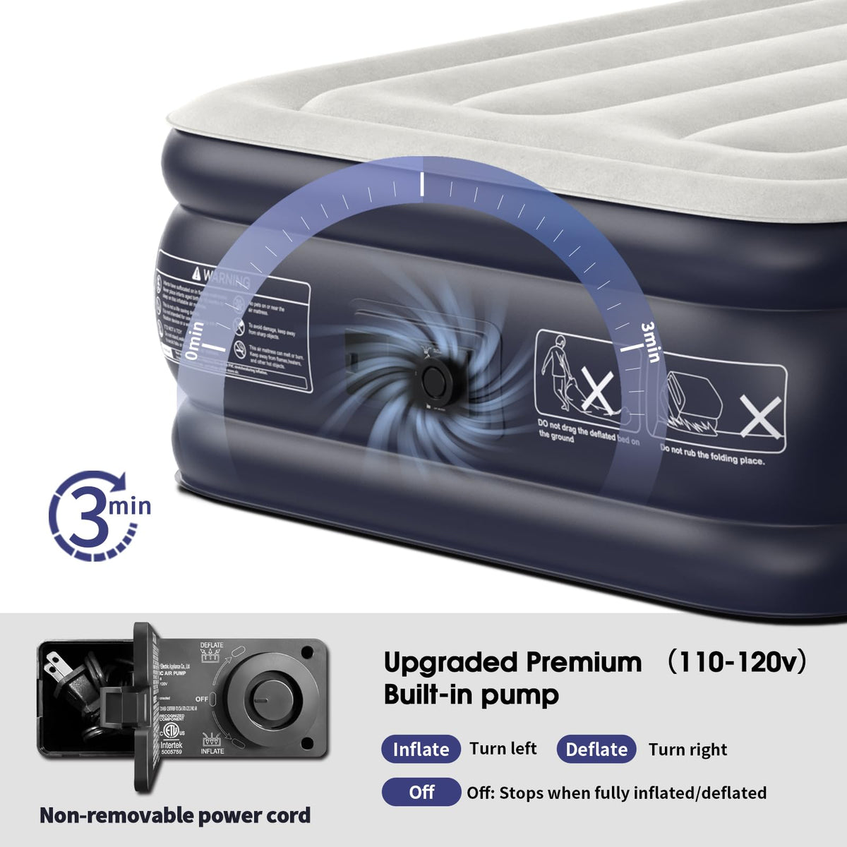 VOSSER Twin XL air mattress deflates and packs into a carry bag.