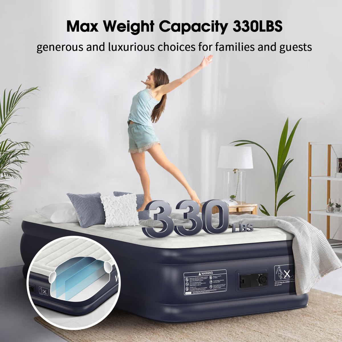 VOSSER Twin XL air mattress with puncture-resistant PVC and reinforced seams.