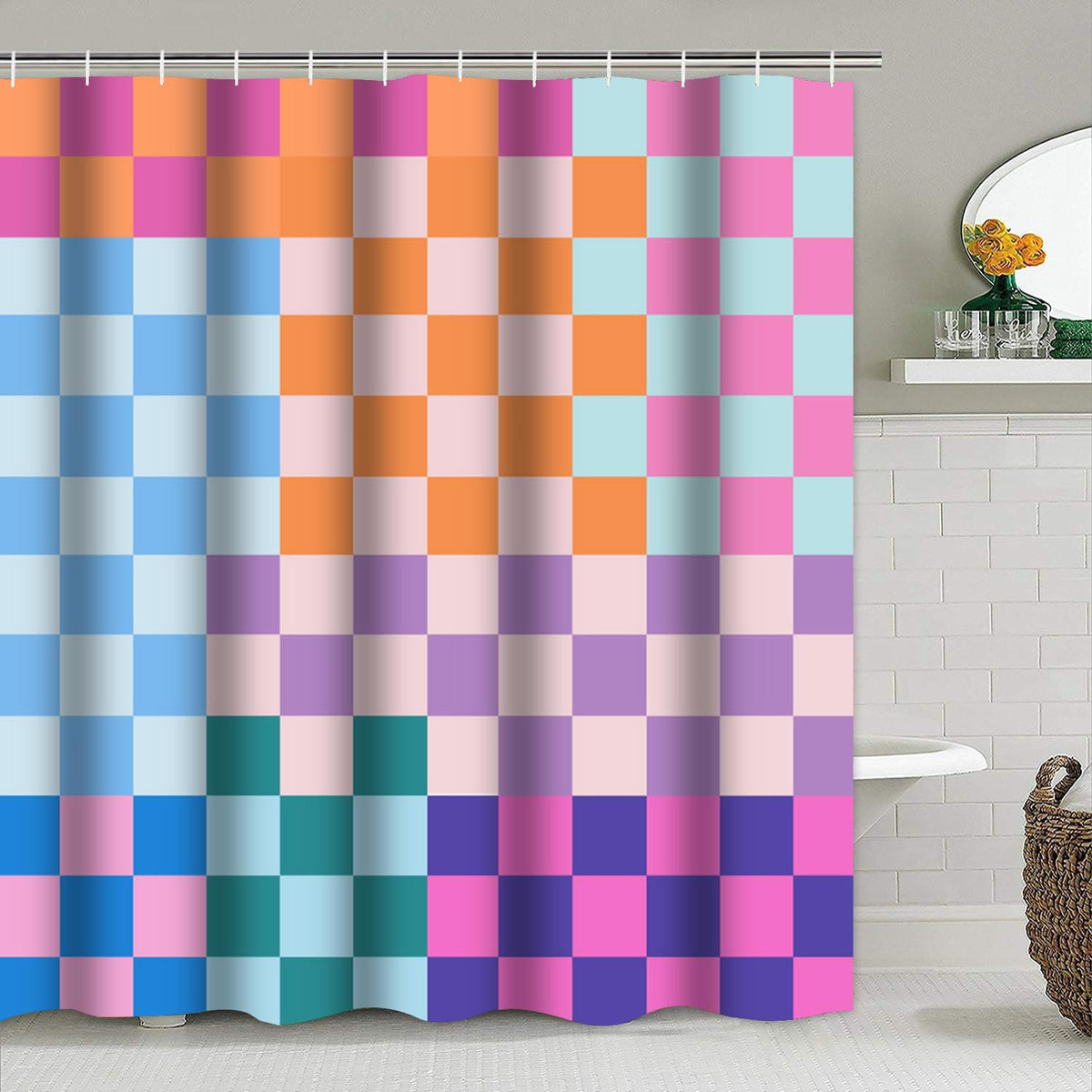 Vostolaiv gingham-pattern shower curtain brightens the bathroom with retro charm