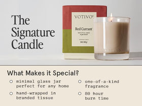 Votivo Red Currant candle in luxe gift box enhances décor and gifting