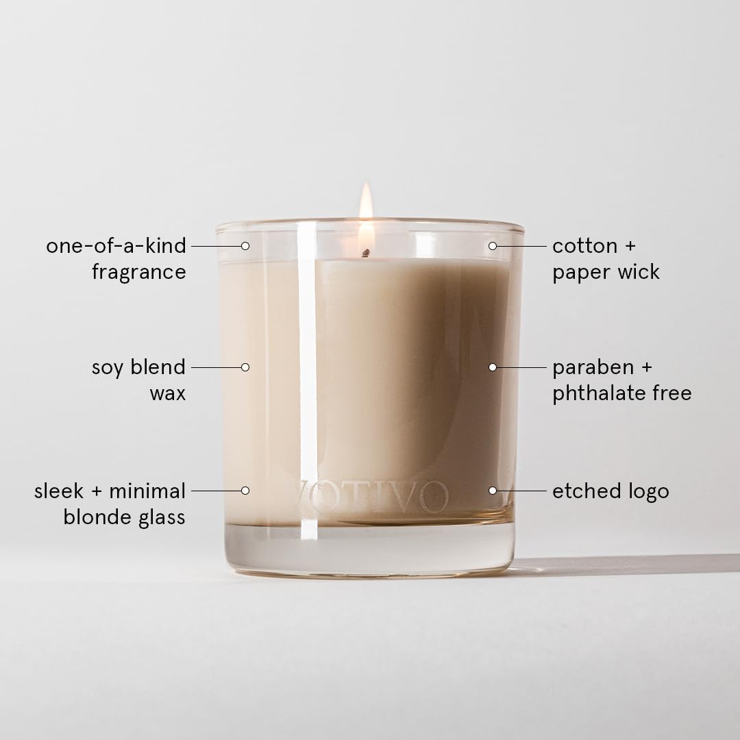 Votivo wick detail showing cotton and paper wicks for clean burn