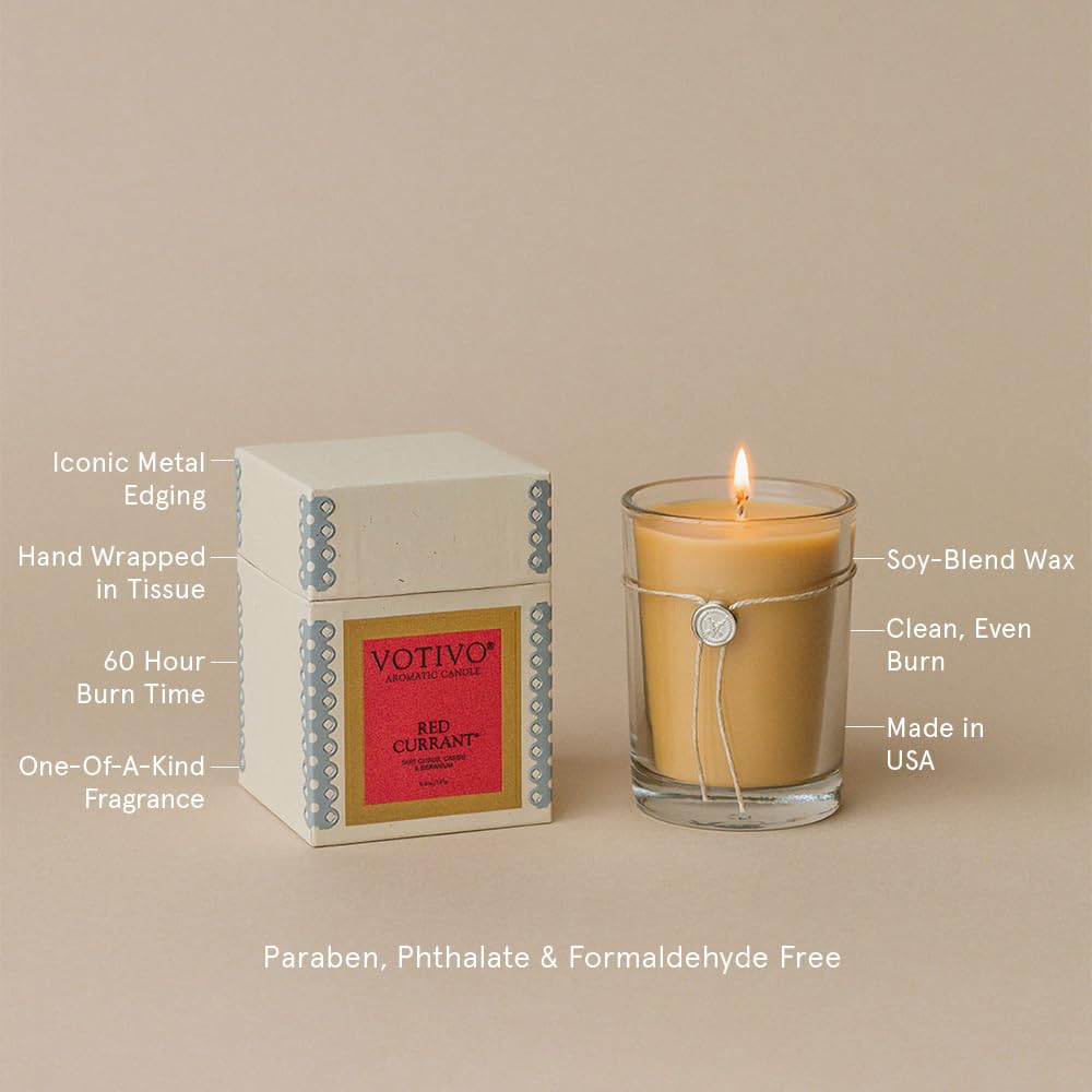 Lit Red Currant candle pools to edges, signaling a consistent, even burn.