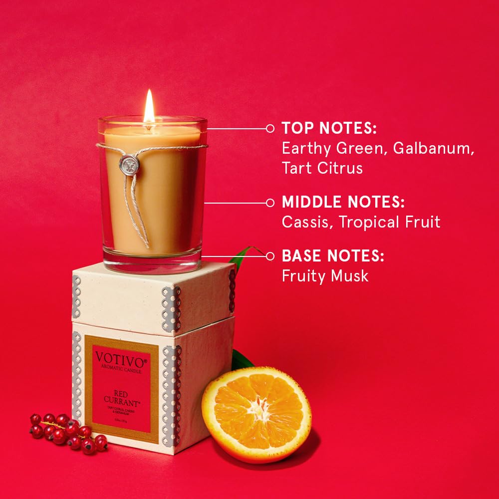 Close-up of Votivo Red Currant soy-wax blend showing rich fragrance and clean burn.