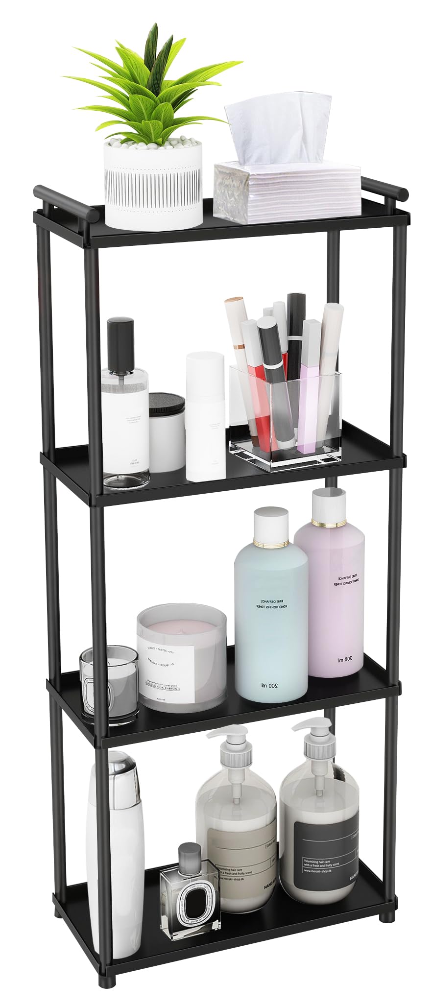 VOTZAAQ matte black 4-tier bathroom organizer keeps toiletries neatly stored