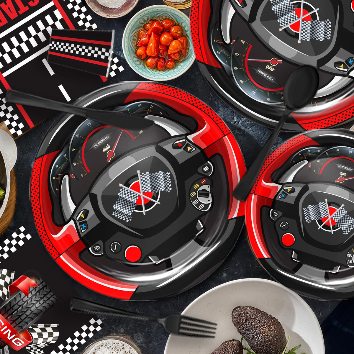 Vpimatero Race Car party table setting: ready-to-enjoy feast setup.