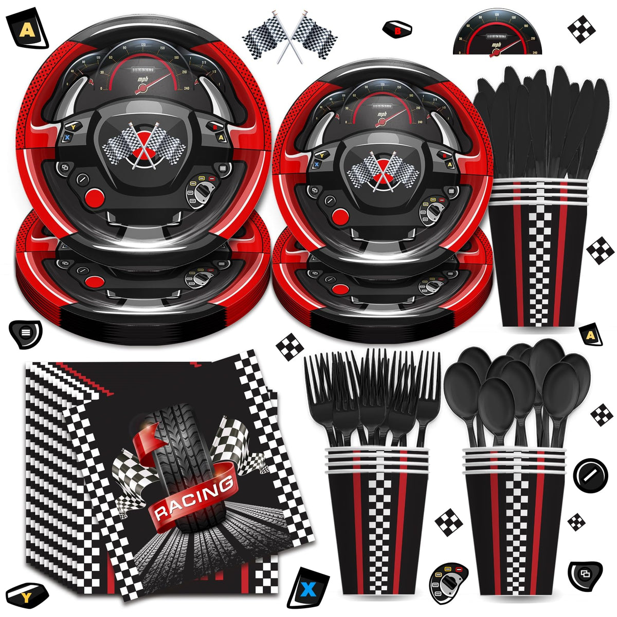 Vpimatero Race Car plates: bold black-and-white design for an energetic kids' party.