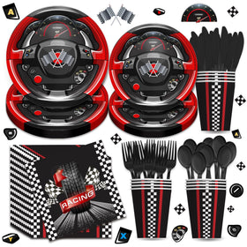 Vpimatero Race Car plates: bold black-and-white design for an energetic kids' party.
