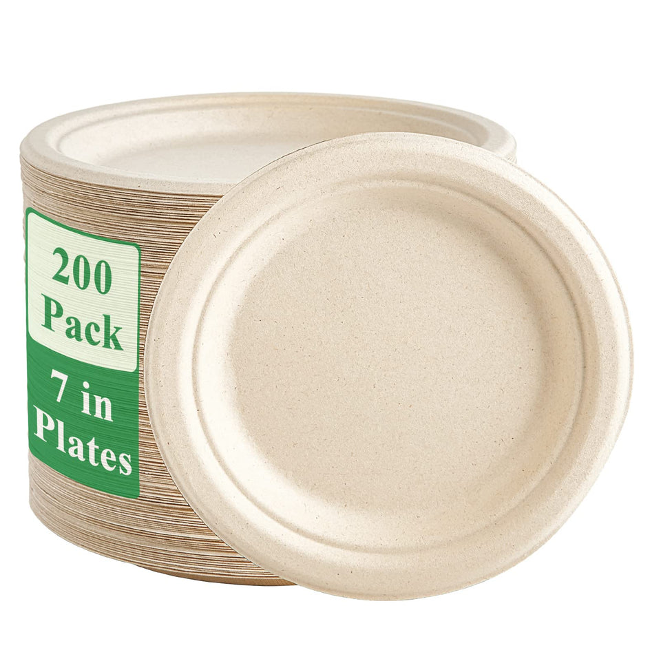 Vplus 7-inch plates in a 200-pack showing eco-friendly bagasse material for sustainable dining