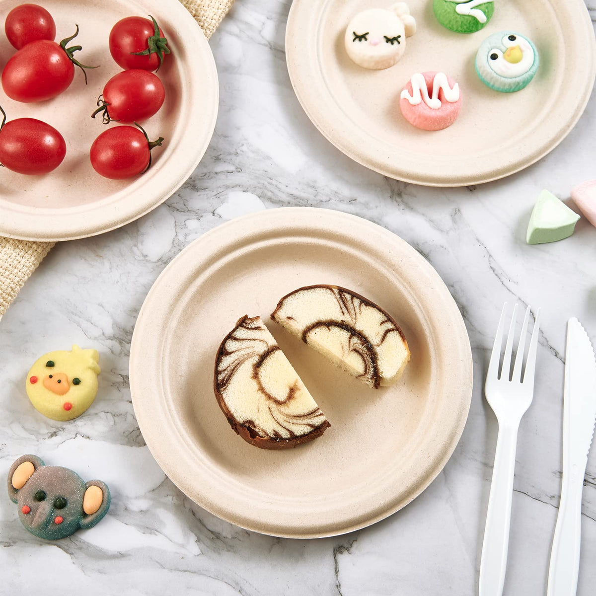 Vplus compostable eco-friendly plates emphasizing natural material and waste reduction