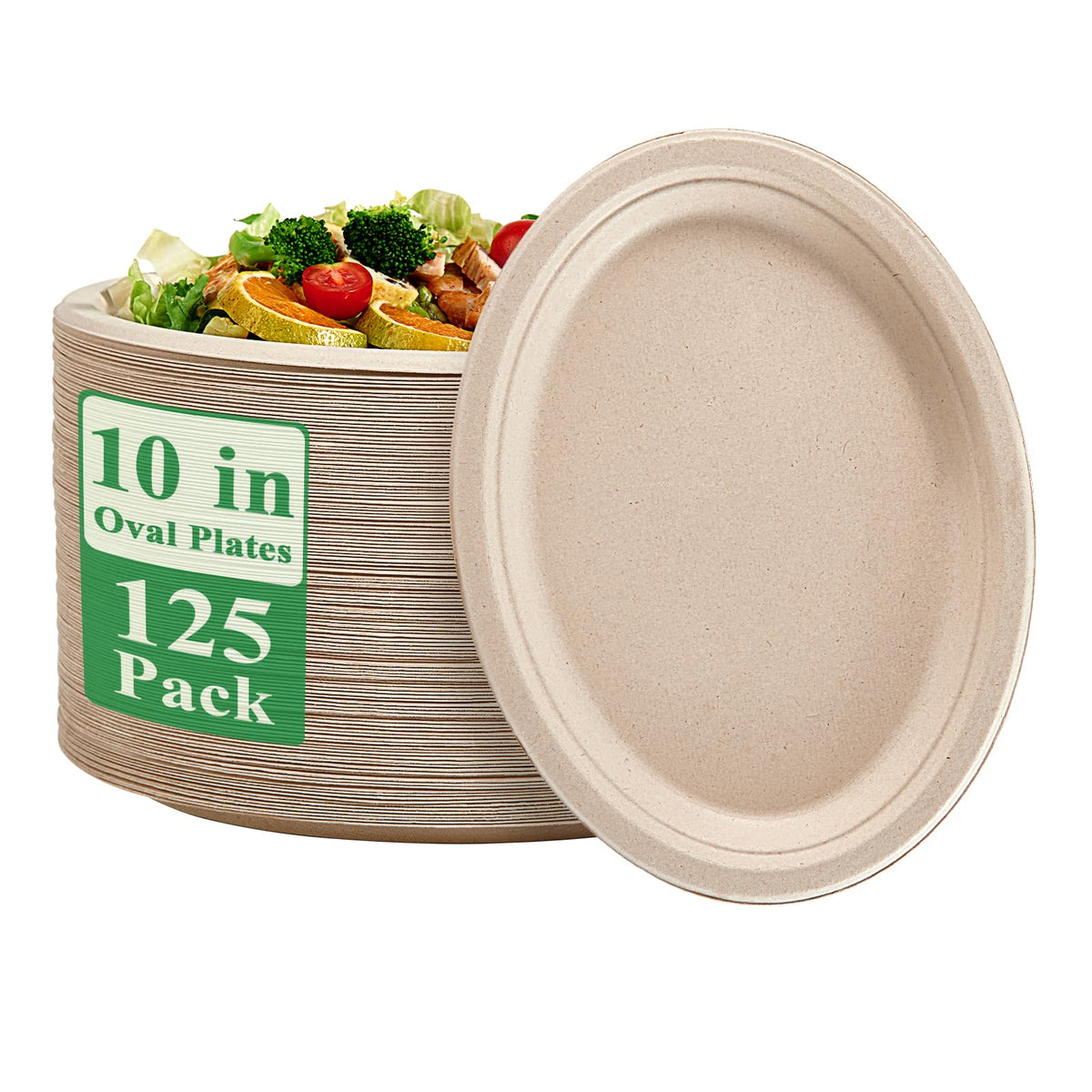 Vplus oval 10-inch plates in a 125-pack, compostable and eco-friendly for gatherings