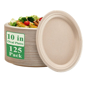 Vplus oval 10-inch plates in a 125-pack, compostable and eco-friendly for gatherings