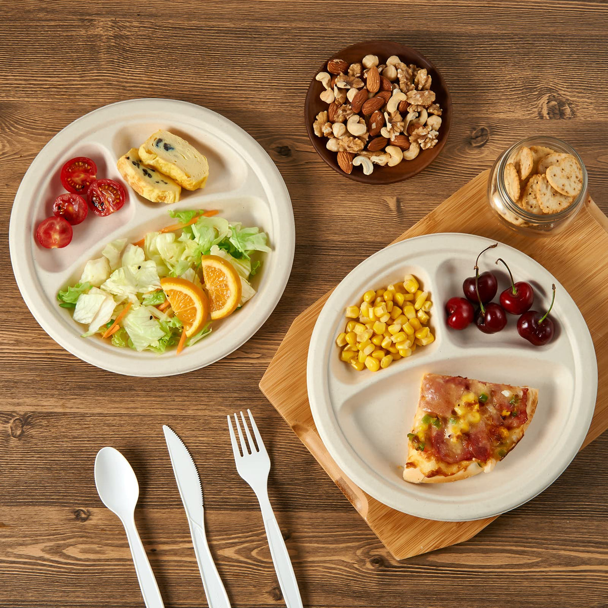 Vplus sugarcane fiber plate highlighting eco-friendly, compostable material.