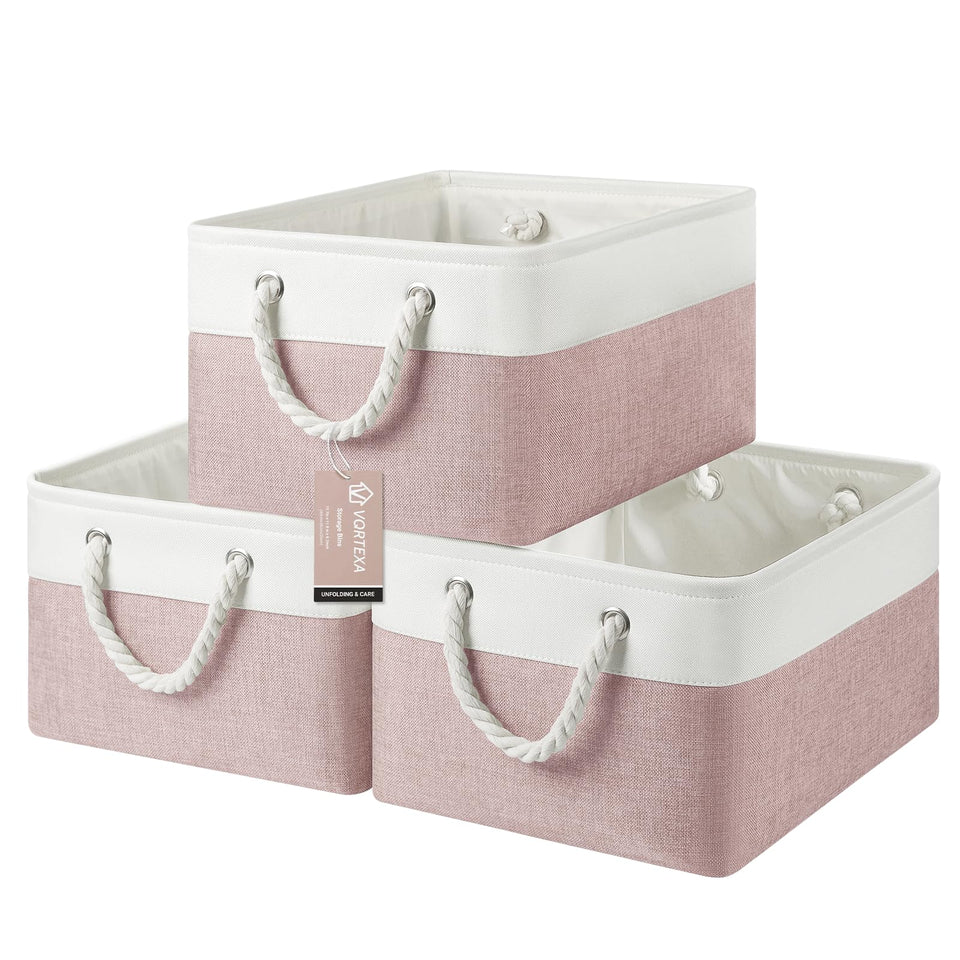 VQRTEXA foldable storage baskets in white and pink for compact shelf storage