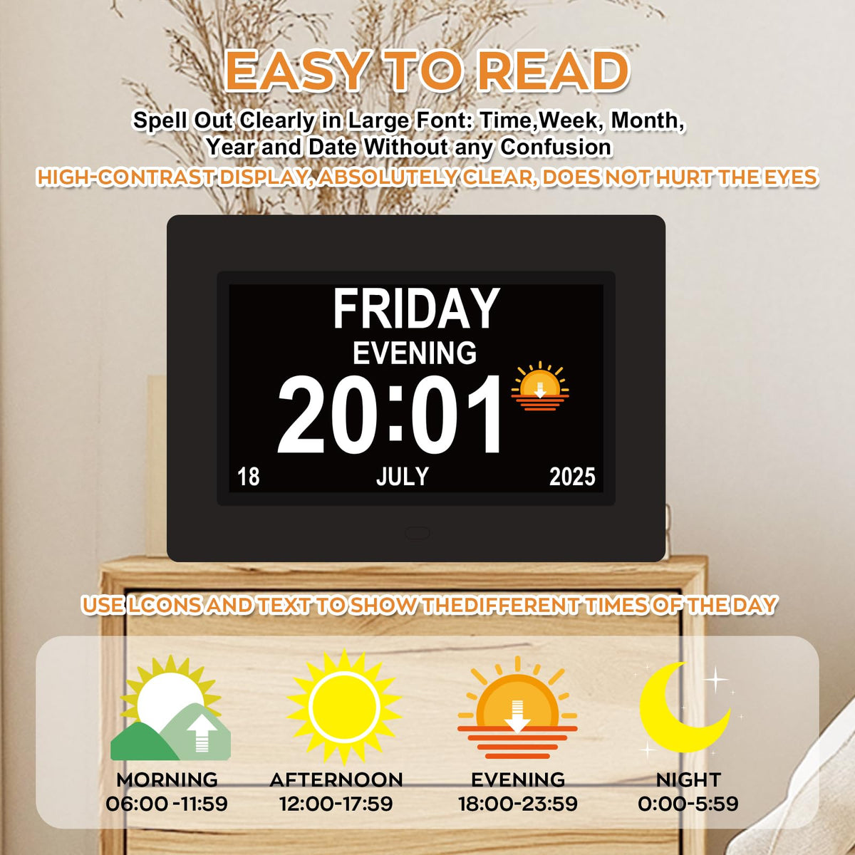 Vruelia dementia clock shows full day, date, and time for daily orientation.