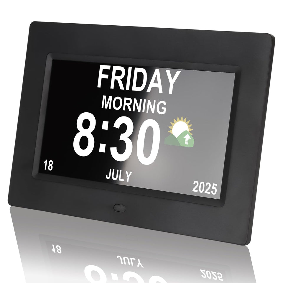 Vruelia digital clock 7-inch display offers bold, high-contrast time for easy reading from a distance.