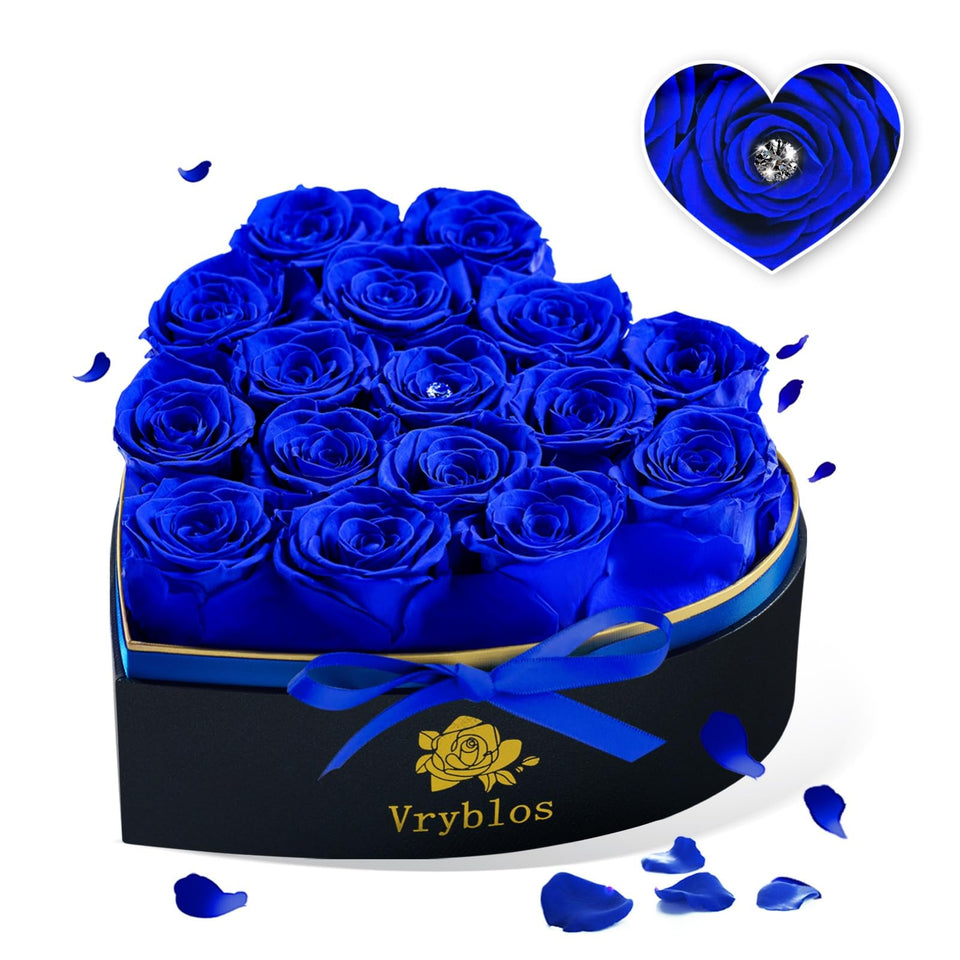 Vryblos Forever Blue Roses in a Heart Box, long-lasting romantic gift for her