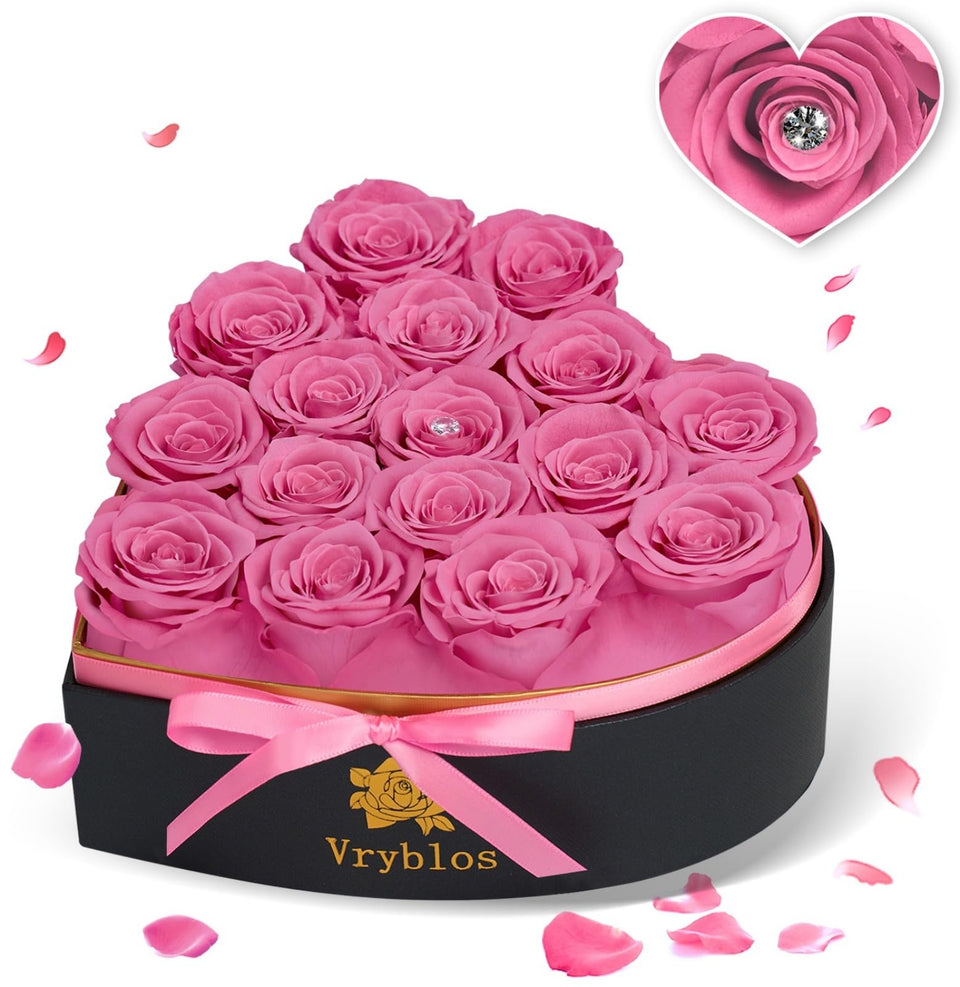 Vryblos Forever Flower heart box with pink rose showcasing lasting beauty and romance