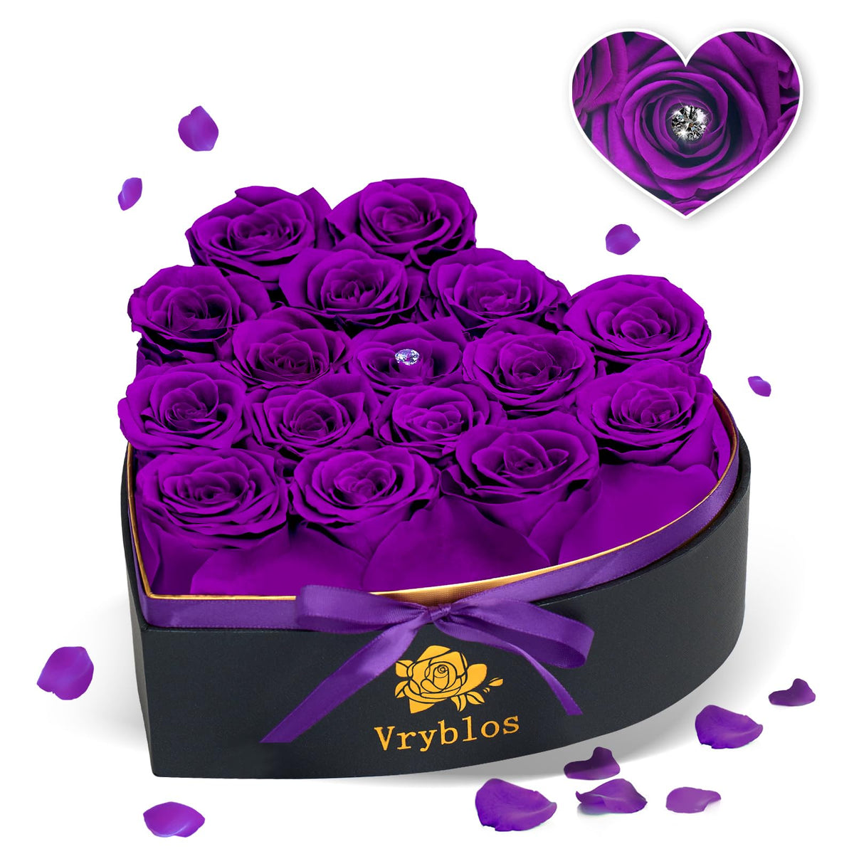 Vryblos Forever Flower heart box with purple roses offers lasting romantic gift.