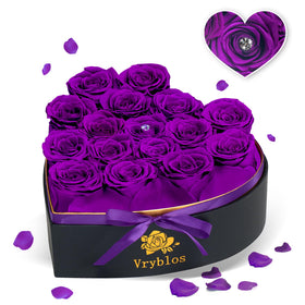 Vryblos Forever Flower heart box with purple roses offers lasting romantic gift.