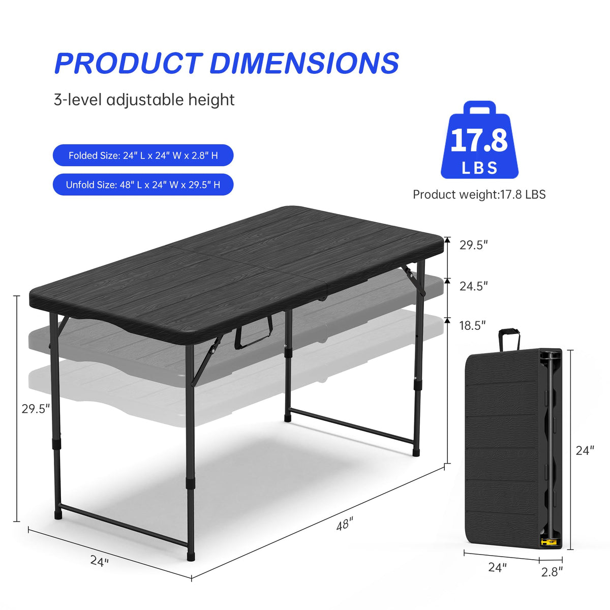 VSOAEIL 4ft folding table open, sturdy surface for outdoor dining.