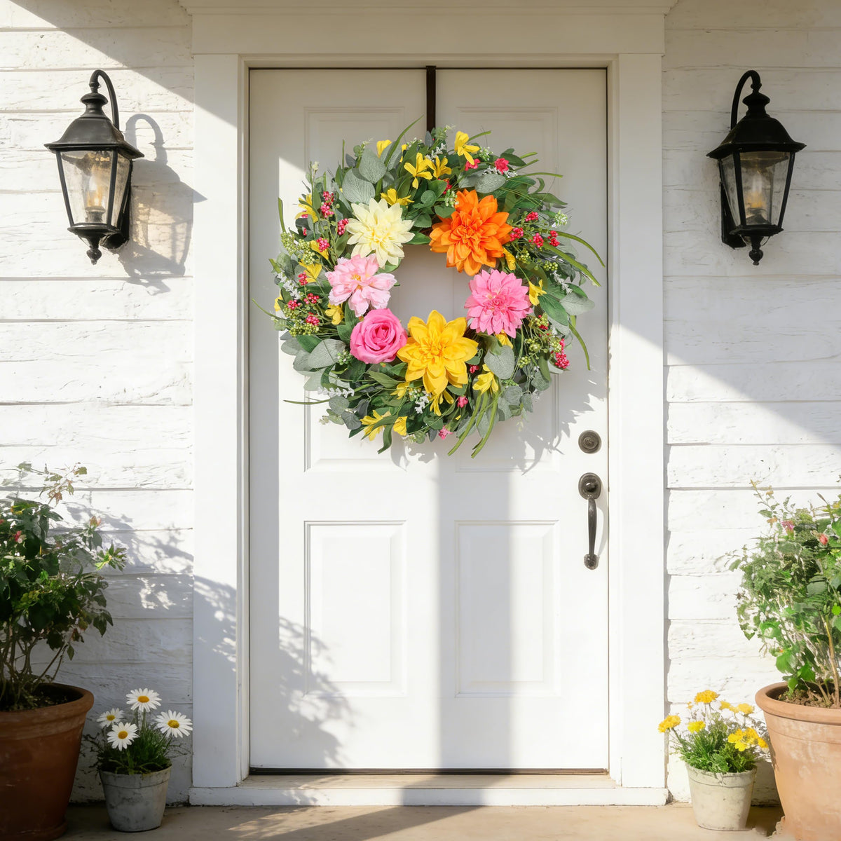 Vsonker artificial wreath showing dahlias, peonies, and berry clusters for year-round color.