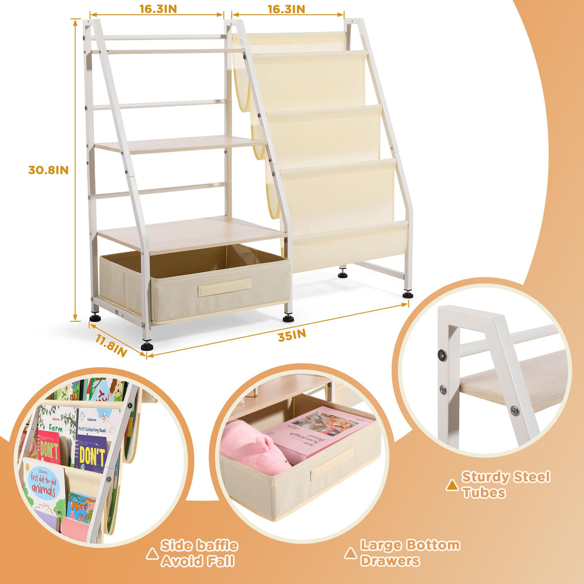 Vsonker storage ladder frame keeps toys and books organized and accessible.