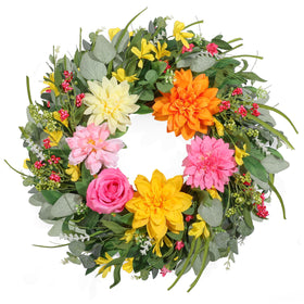 Vsonker Summer Wreath on front door with dahlias and peonies for vibrant curb appeal.