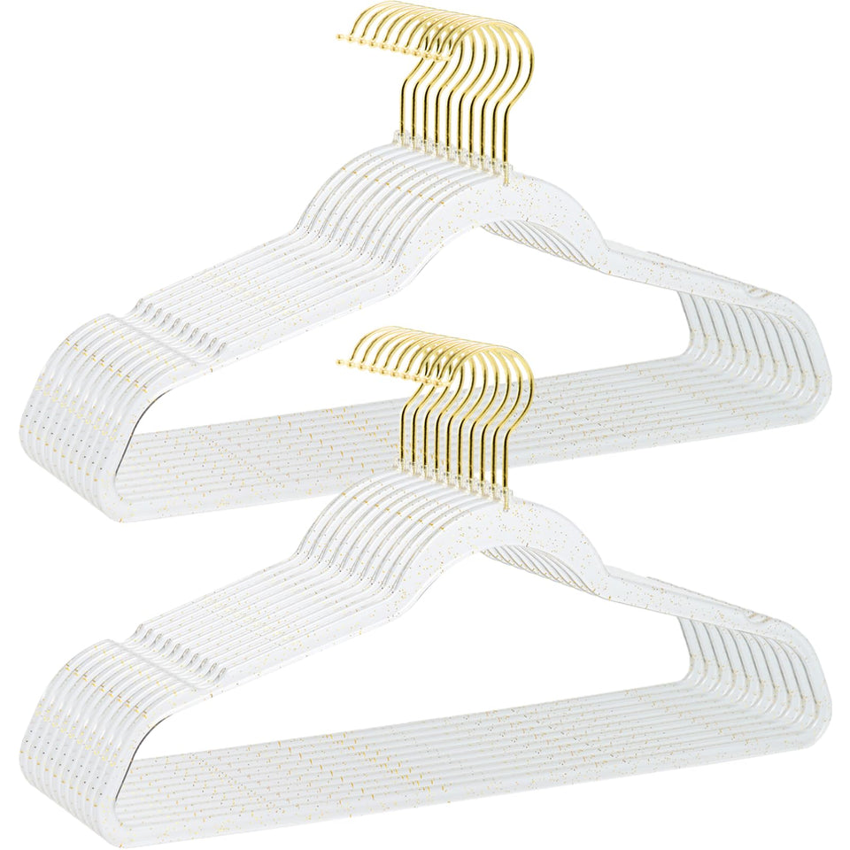 VSV Storage clear 16 inch hangers arranged in a neat closet for organized storage
