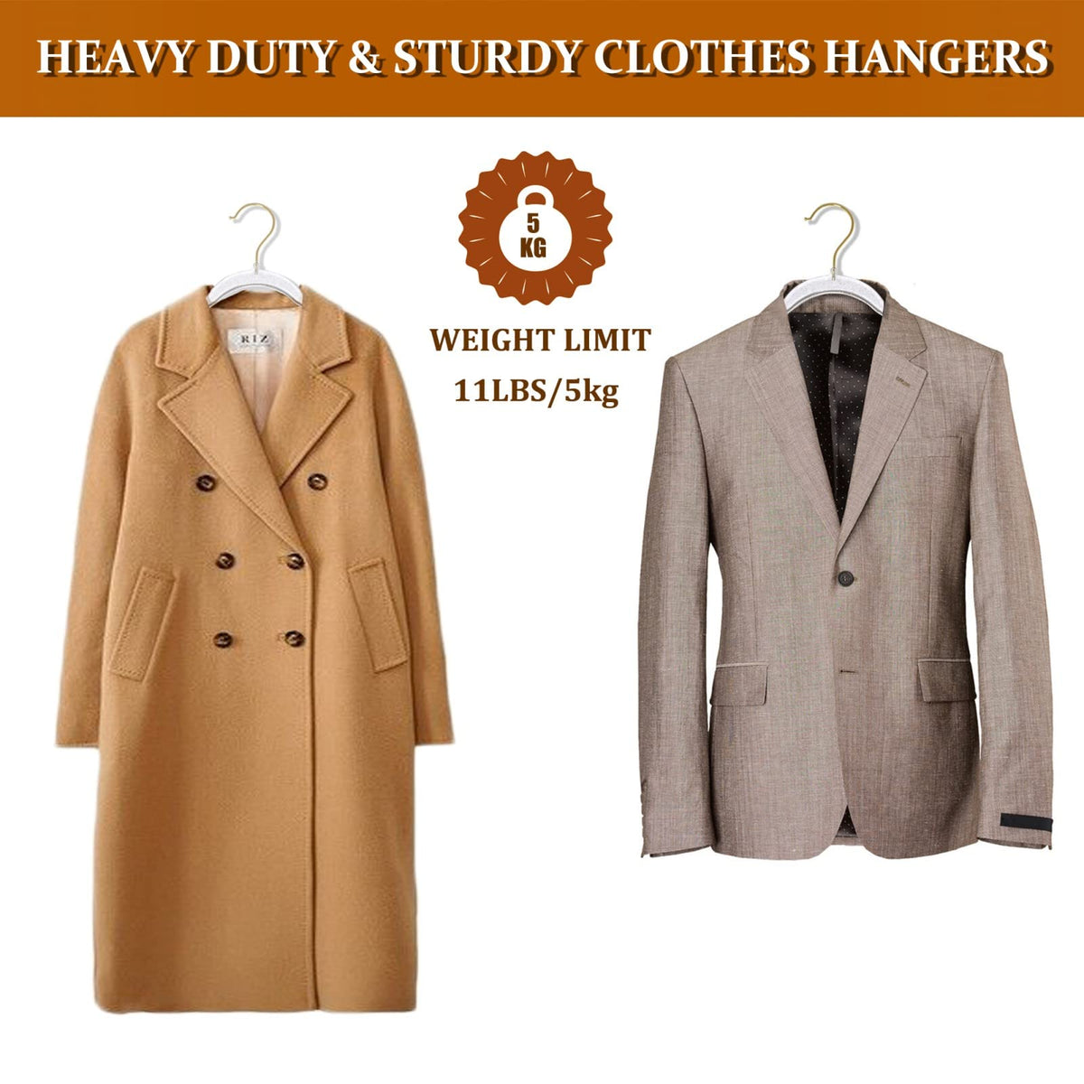 Hangers feature gold swivel hooks for flexible hanging angles