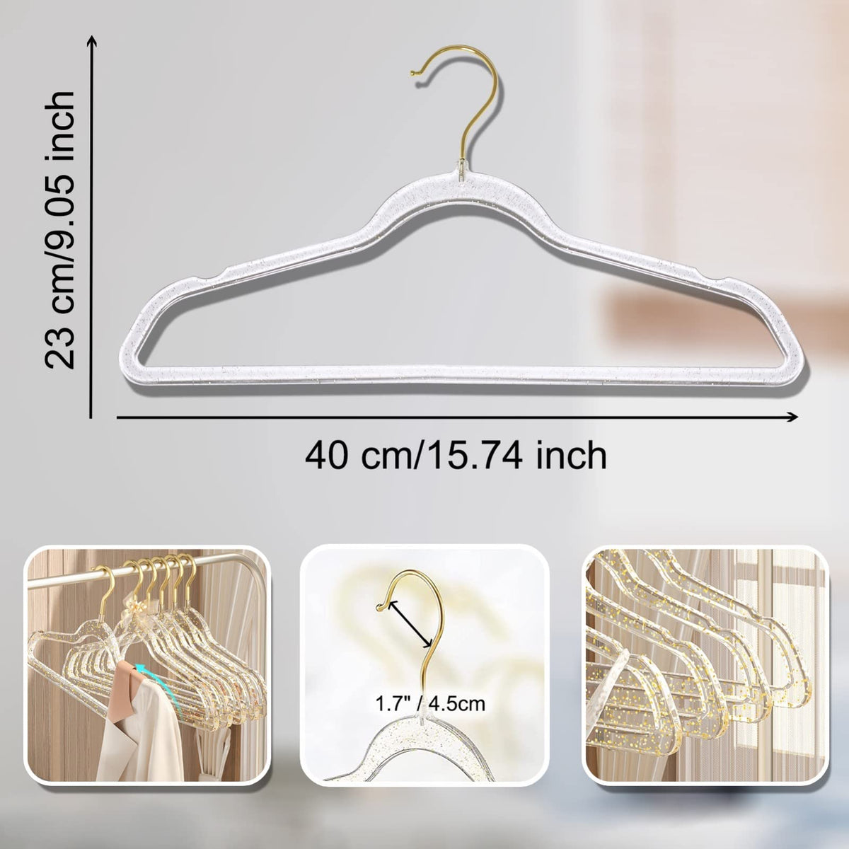 Clear hangers with notched shoulders preventing slipping on delicate garments