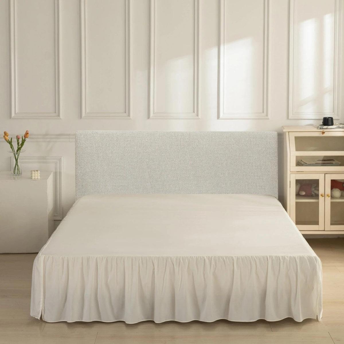 VTNXUN ivory bed skirt corner detail highlighting split corners