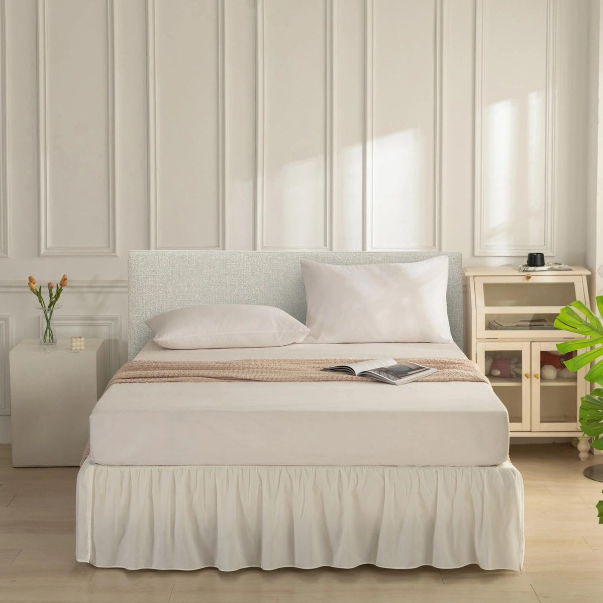 VTNXUN ivory bed skirt conceals box spring and bed frame neatly