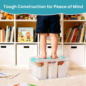 Vtopmart 24 Qt crate keeps crayons and pencils organized for creative sessions.
