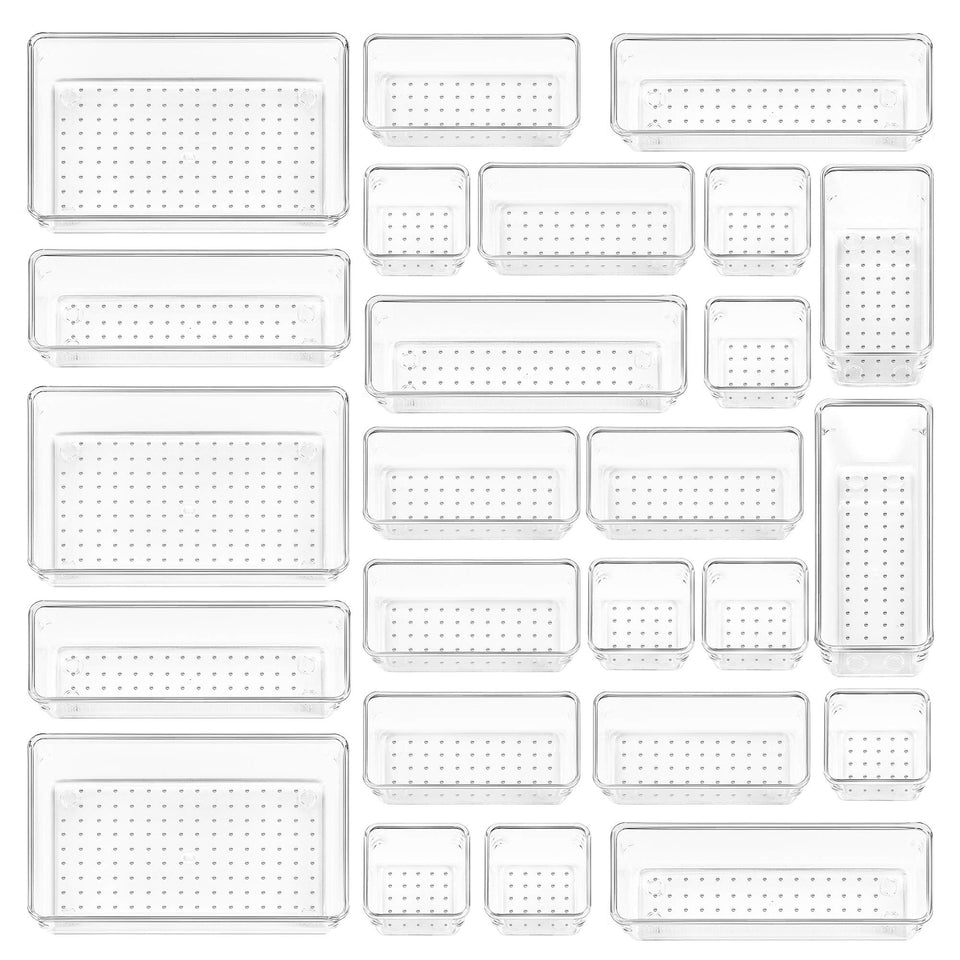 Vtopmart 25pcs clear drawer organizers set keeps cosmetics neatly organized and visible.