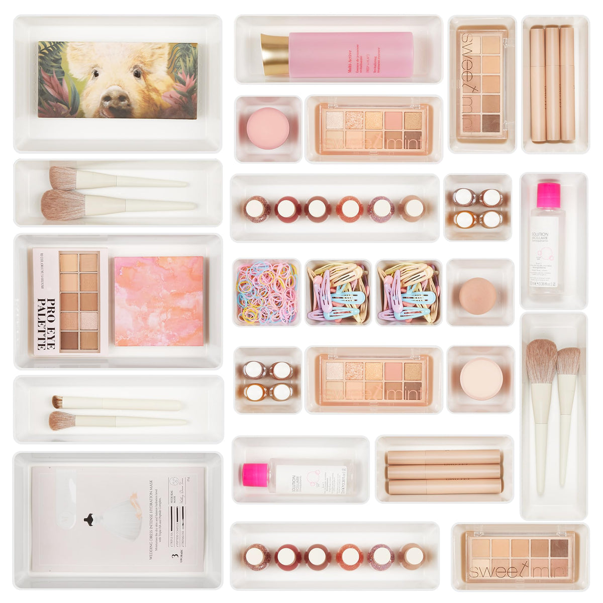 Vtopmart 25-piece drawer organizers neatly arranges cosmetics in a vanity.
