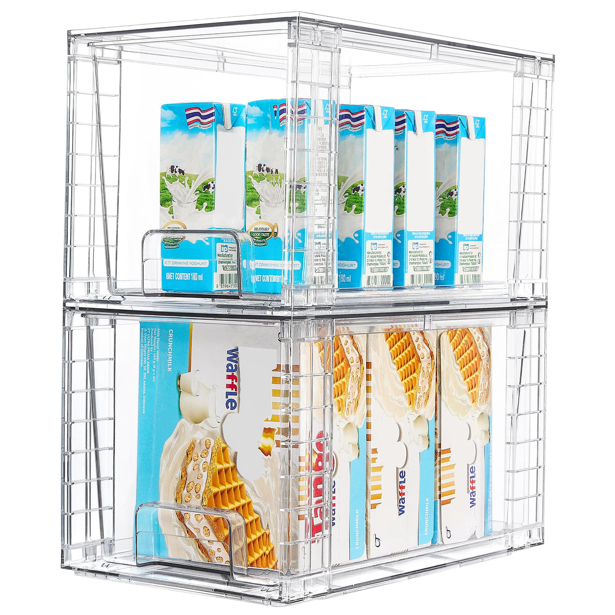 Vtopmart 2-pack large stackable drawers in a cabinet for organized pantry storage.