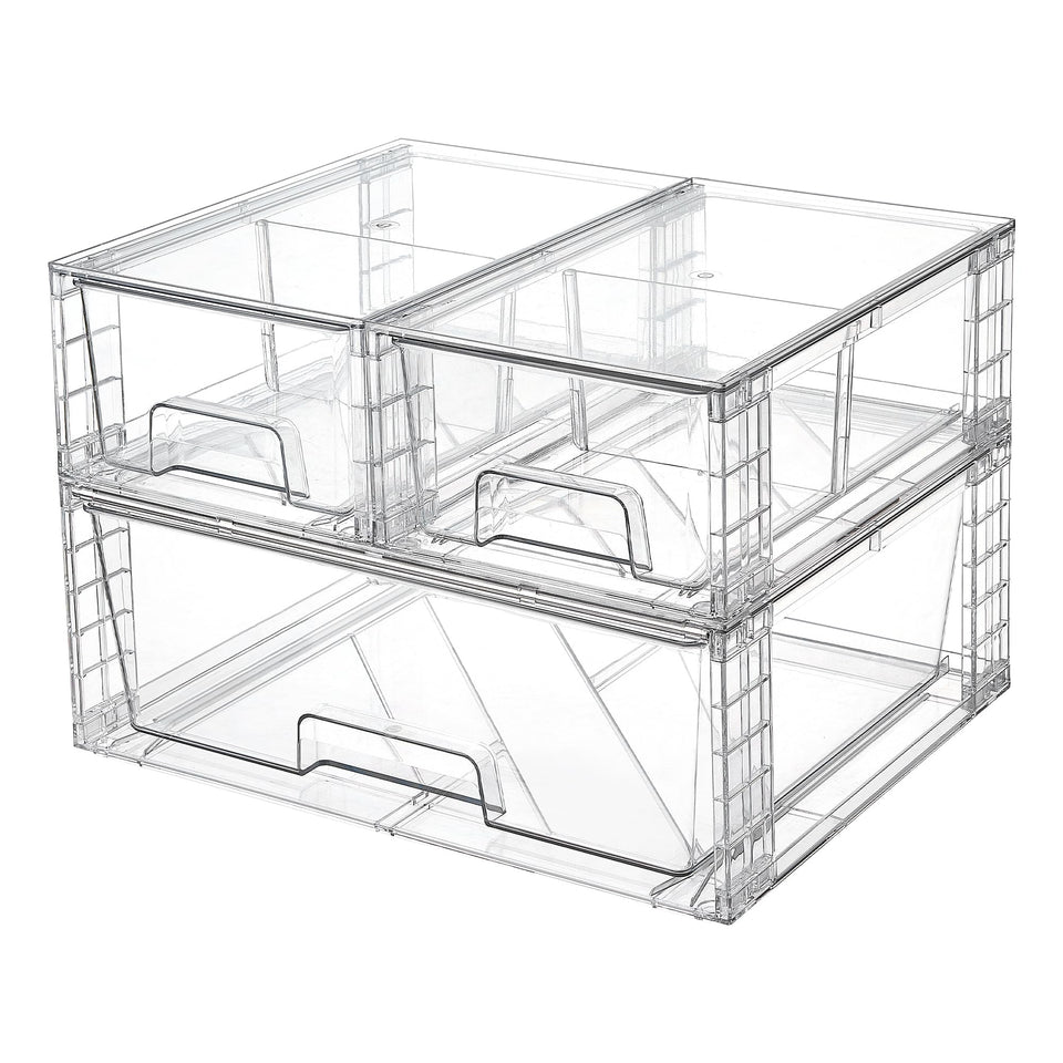 Vtopmart 3-pack stackable drawers viewed from above for space-saving bathroom storage.